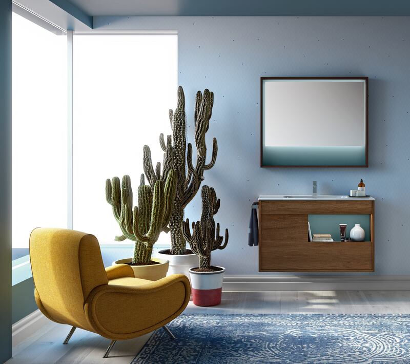 The  Lume vanity unit from Mastella also helps to soften the space