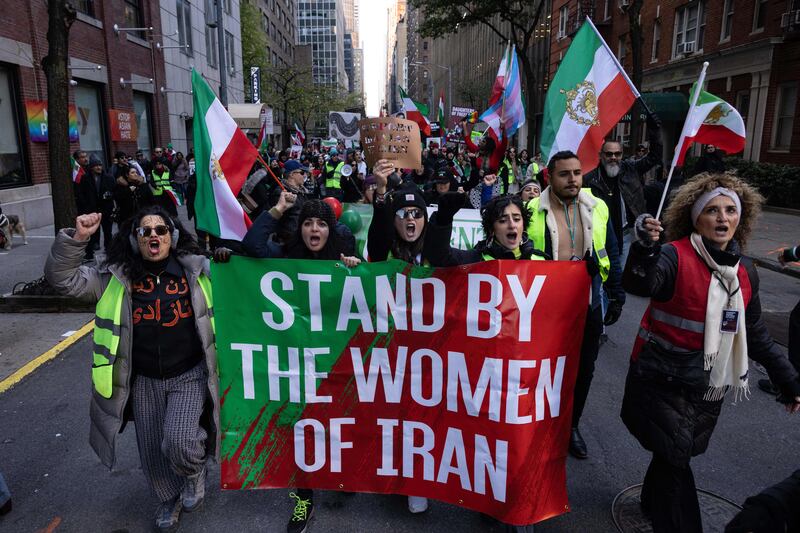 Protesters call on the United Nations to take action against the treatment of women in Iran, following the death of Mahsa Amini while in the custody of the morality police, during a demonstration in New York City on November 19. Photograph: Yuki Iwamura//AFP via Getty Images