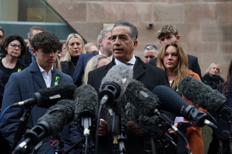 Dr Sanjoy Kumar, father of Grace O'Malley-Kumar, makes a statement alongside relatives of the victims, outside Nottingham Crown Court after Valdo Calocane, who stabbed three people to death in Nottingham city centre and attacked three others, was sentenced to a hospital order after admitting manslaughter by diminished responsibility and attempted murder. Photograph: Jacob King/PA Wire