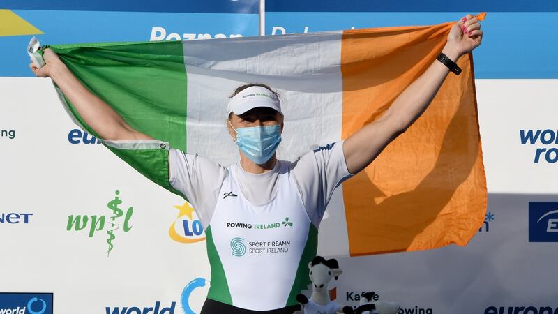 Ireland’s Sanita Puspure celebrates winning a gold medal at the 2020 European Rowing Championships. Photograph: Inpho