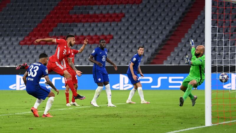 Corentin Tolisso scores Bayern Munich’s third against Chelsea.  Photograph: Matthias Hangst/Getty
