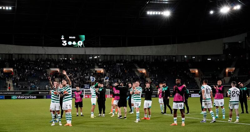 Shamrock Rovers players applaud their travelling supporters at the end of the game in Belgium. Photograph: Dave Winter/Inpho