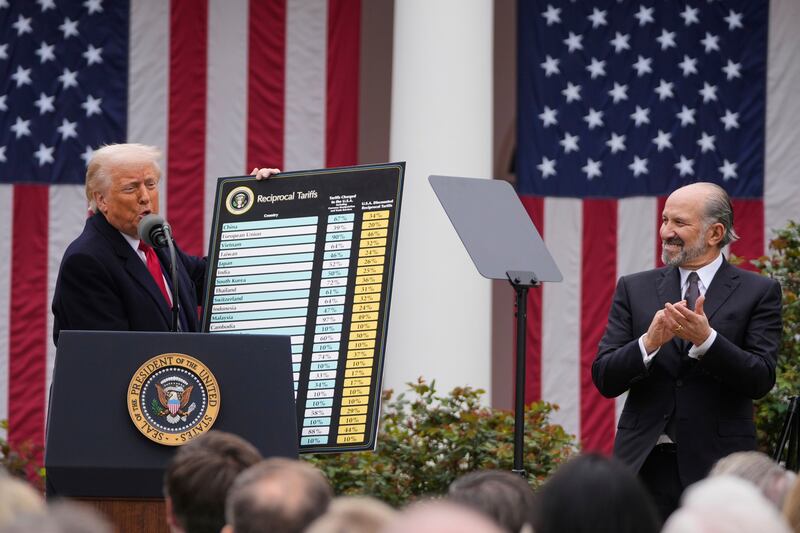 Donald Trump, left, announces his 'Liberation Day' import tariffs plan at the White House in April. Photograph: Mark Schiefelbein/AP