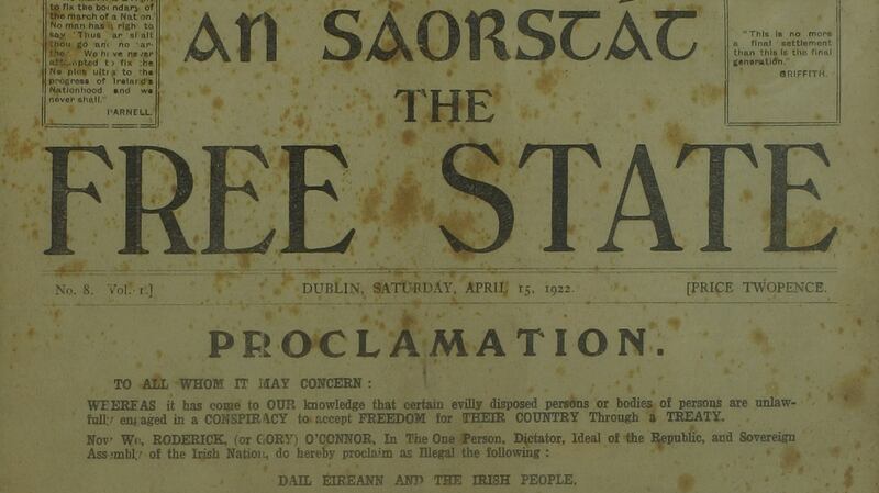 Copy of An Saorstat – The Free State newspaper 15 April, 1922, featuring a mock proclamation by Roderick O Connor €200–€300.