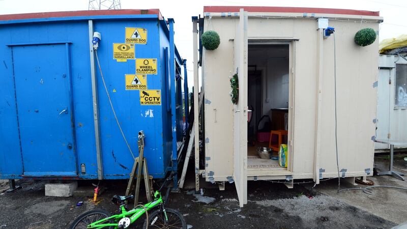 Sanitary units at Labre Park halting site in Ballyfermot, Dublin, shared  by eight families. Photograph: Dara Mac Dónaill