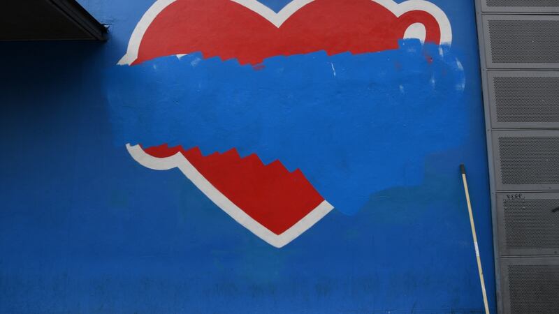 Project Arts Centre wall’s Pro-Choice “Repeal the Eighth Amendment” mural: was painted over for a second time after the Irish charities regulator ordered it be removed again. Photograph: Clodagh Kilcoyne