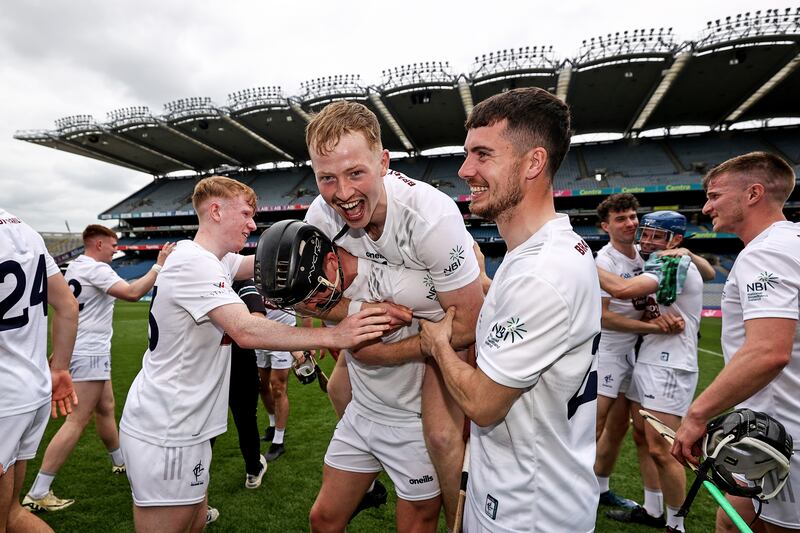 Kildare's Jack Higgins celebrates after the game. Photograph: Ben Brady/Inpho