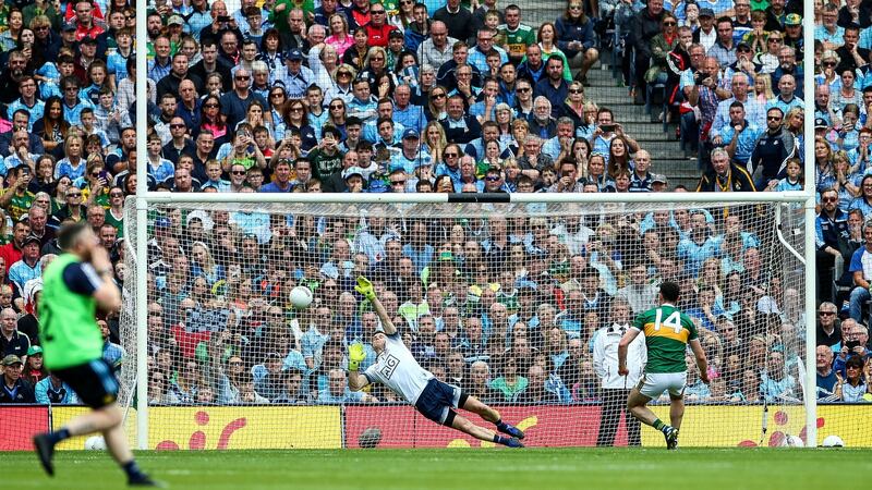 Kerry’s Paul Geaney has a penalty saved by Dublin goalkeeper Stephen Cluxton. Photograph: James Crombie/Inpho