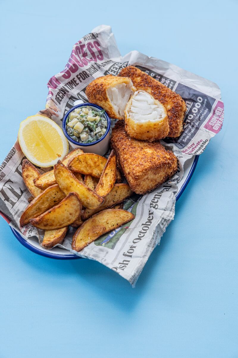 Breaded cod with air fryer wedges and tarare sauce. Photograph: Harry Weir 