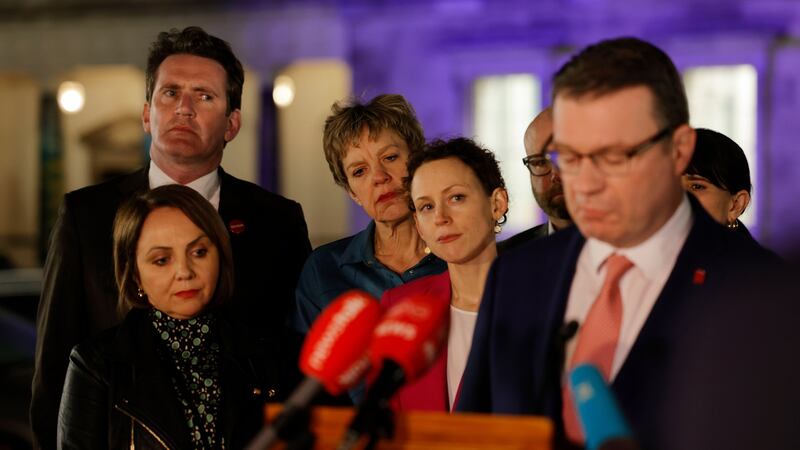 Alan Kelly resigning as Labour Party leader, watched by his wife, far left, and party elected representatives Aodán Ó Riordáin, Ivana Bacik, Marie Sherlock and Ged Nash. Photograph: Alan Betson
