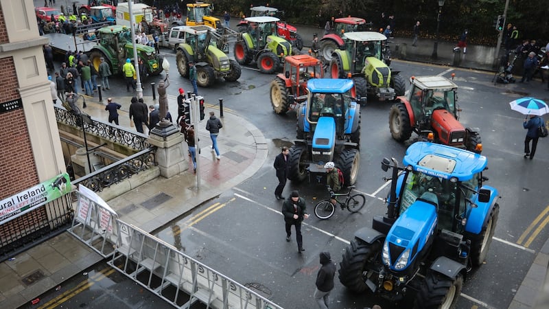 Tractors parked around St Stephen’s Green during the second day of a protest by farmers. Photograph: Crispin Rodwell/The Irish Times