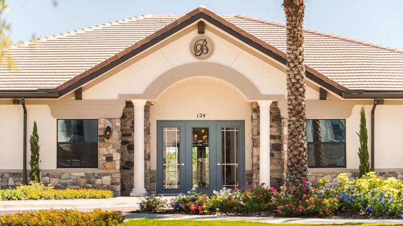 The Balmoral Resort clubhouse. It includes its own water park, resort pool, splash playground restaurant and a variety of lakes and parks.