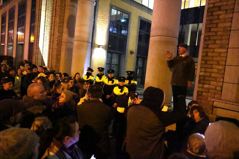 Gardaí forming a line at the East Wall protest. Photograph: Dara Mac Dónaill








