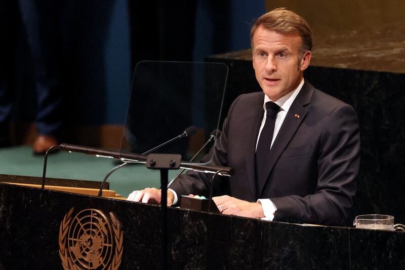 France's president Emmanuel Macron speaks during the United Nations General Assembly (UNGA) in New York on September 22, 2025. Photograph: Ludovic Marin/ AFP via Getty Images