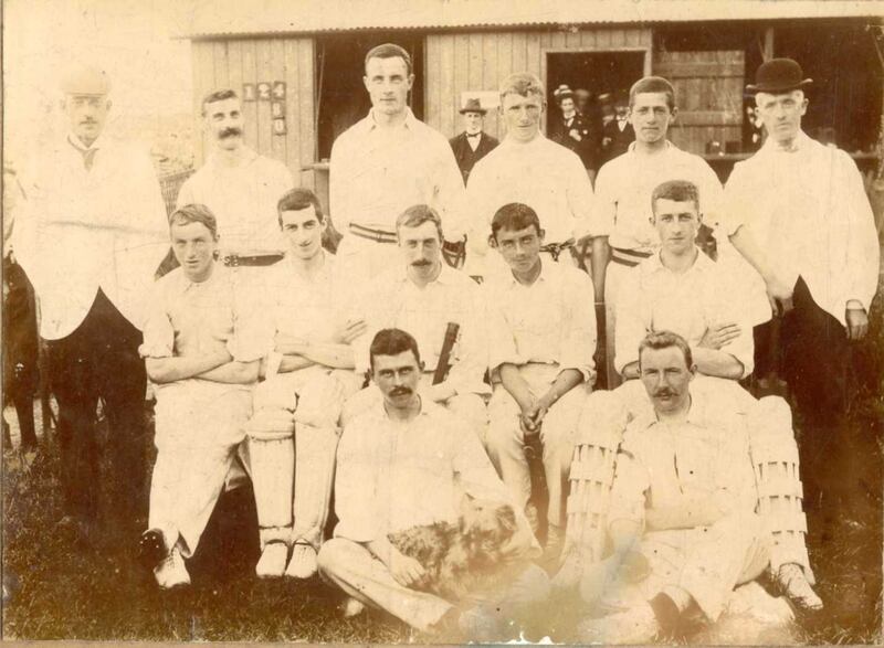 Kerney, first on the left, middle row, posing with his cricket teammates in Sandymount, 1896.