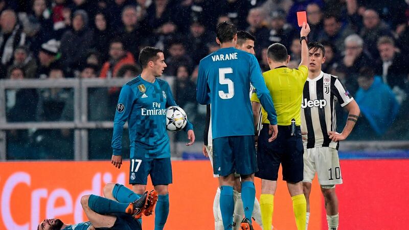 Juve’s Paulo Dybala is sent off during his side’s first leg defeat to Real Madrid. Photograph: Javier Soriano/AFP