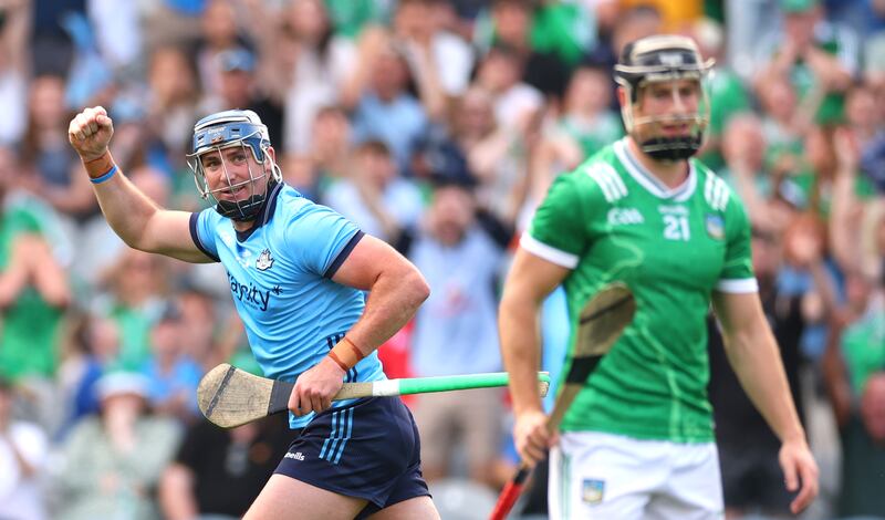 Dublin’s John Hetherton celebrates scoring a goal against Limerick in the All-Ireland quarter-final. Photograph: James Crombie/Inpho