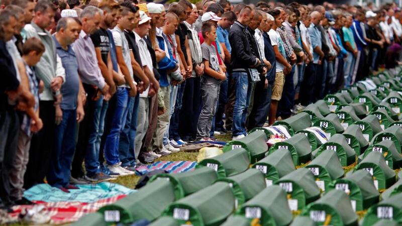 Bosnian Muslims pray during a mass funeral last week for 175 newly identified victims from the 1995 Srebrenica massacre, at Potocari Memorial Center, near Srebrenica.  Photograph: Dado Ruvic/Reuters