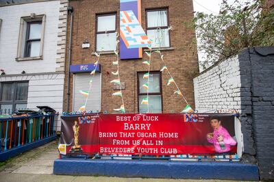 A sign wishing former Belvedere Youth Club member Barry Keoghan luck in the Oscars, at the club on Buckingham Street Lower.
Photograph: Tom Honan