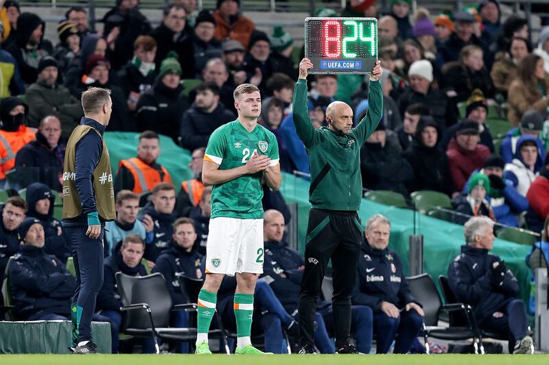 Evan Ferguson: the young striker will be hoping to break into Brighton's first team in the Premier League and to add to his Ireland senior international caps. Photograph: Laszlo Geczo/Inpho