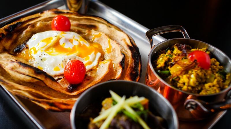 The full Nashta, Daata Indian restaurant’s take on an Irish breakfast has aloo anday, fried egg, masala beans, achaar dip and grilled tomatoes, served with paratha bread.