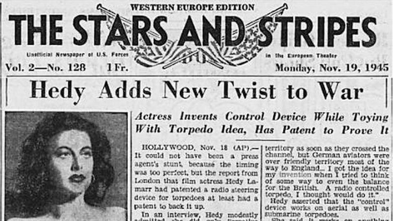 Hedy adds a new twist to the war: the Stars and Stripes, an American-forces paper, put Hedy Lamarr’s torpedo-steering invention on its front page in 1945