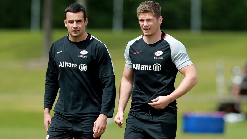 Alex Lozowski and Owen Farrell train ahead of Saracens’ Champions Cup final clash with Leinster. Photograph: David Rogers/Getty