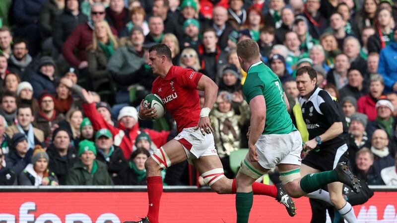 Aaron Shingler scores for Wales in Dublin. Photograph: Brian Lawless/PA