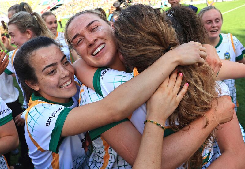 Meath's Saoirse O'Kane, Orlagh Lally, Orla Byrne and Emma Duggan celebrate winning the All-Ireland in 2022. Photograph: Tom Maher/Inpho
