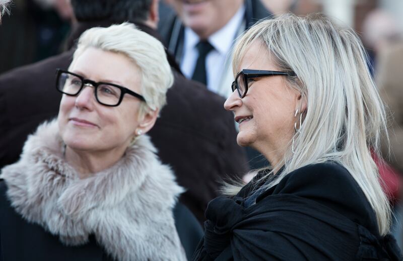The former chairwoman of RTÉ Moya Doherty (left) pictured with Dee Forbes in 2020 at the funeral of DJ Larry Gogan. Photograph: Rollingnews.ie