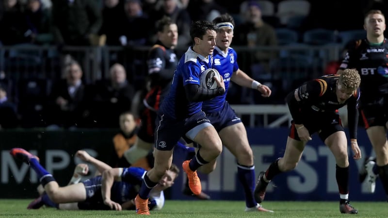 Leinster’s Joey Carbery runs in for a try against Newport Gwent Dragons on Saturday. Photograph: Donall Farmer/Inpho