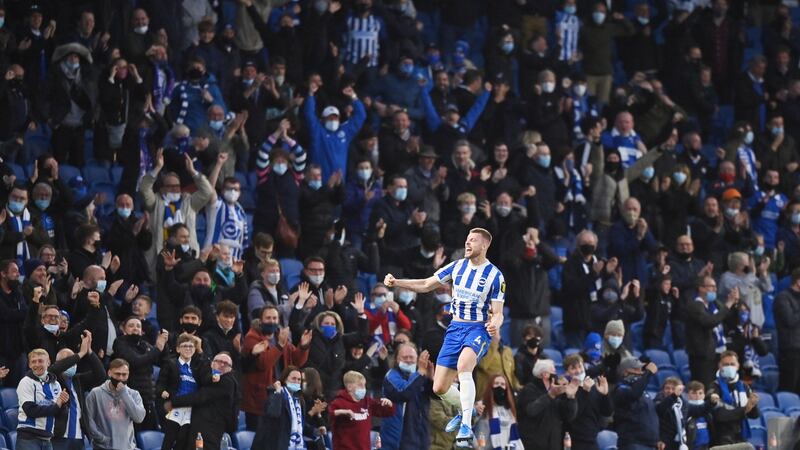 Adam Webster of Brighton celebrates scoring the equaliser against Man City. Photograph: Justin Setterfield/EPA
