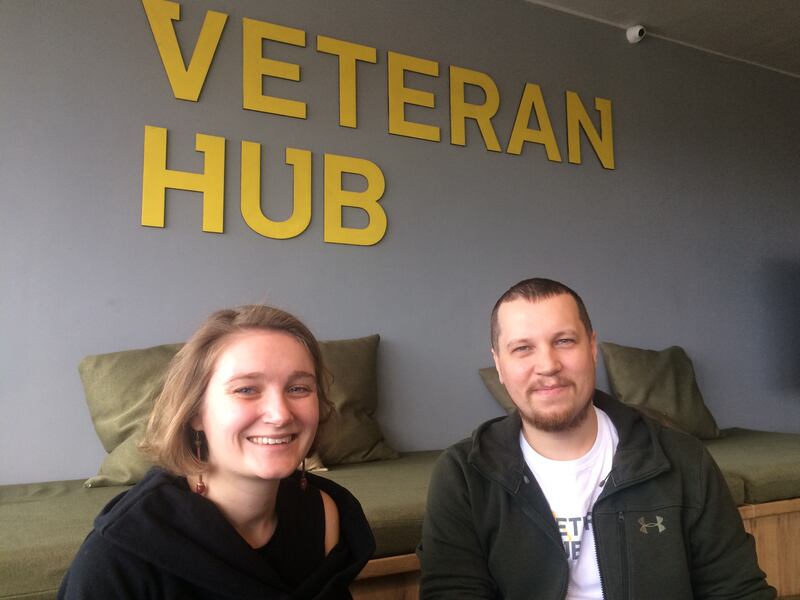 Ivona Kostyna and Artem Denysov, co-founders of the Veteran Hub organisation that helps former Ukrainian soldiers re-adapt to civilian life, as well as providing support for their relatives and other people affected by war. Photograph: Daniel McLaughlin