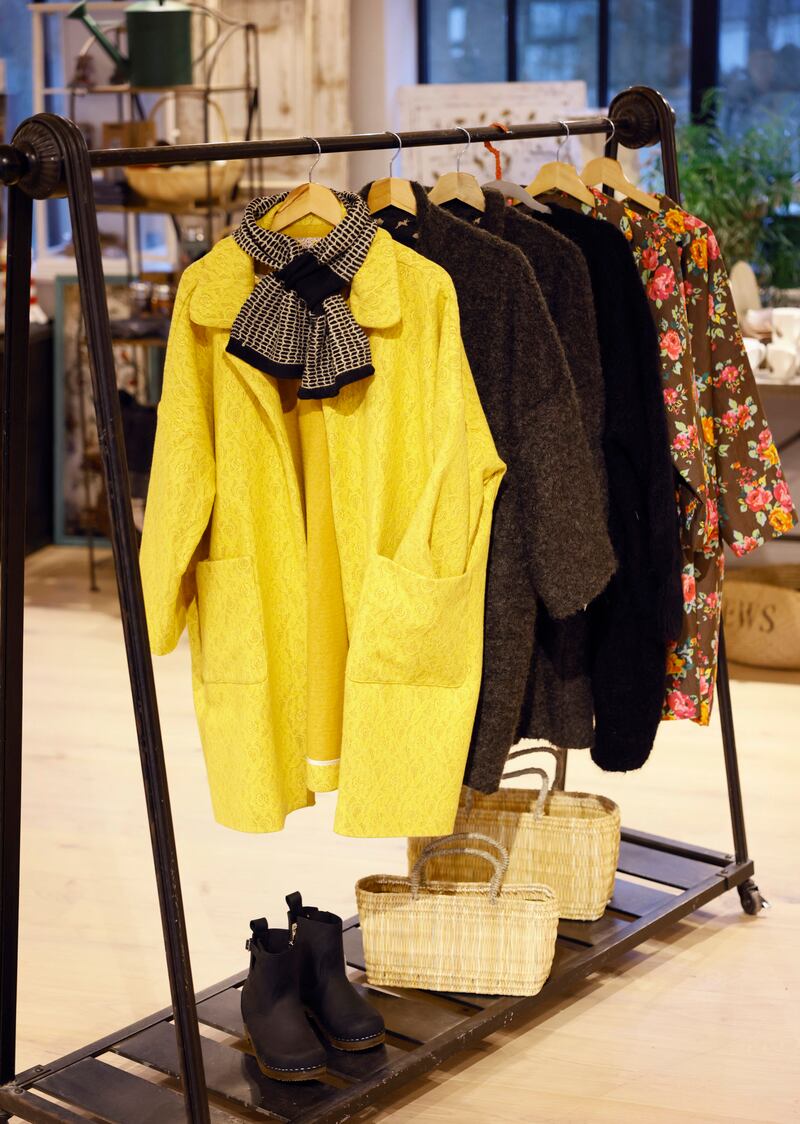 Irish made coats in yellow jacquard, print and bouclé at Amo & Pax. Photograph: Kieran Harnett
