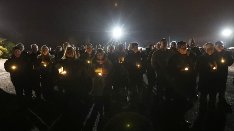 The crowd  listens to Michelle O’Neill’s address at a commemoration in Clonoe in memory of  four slain IRA gunmen. Photograph: Niall Carson/PA Wire