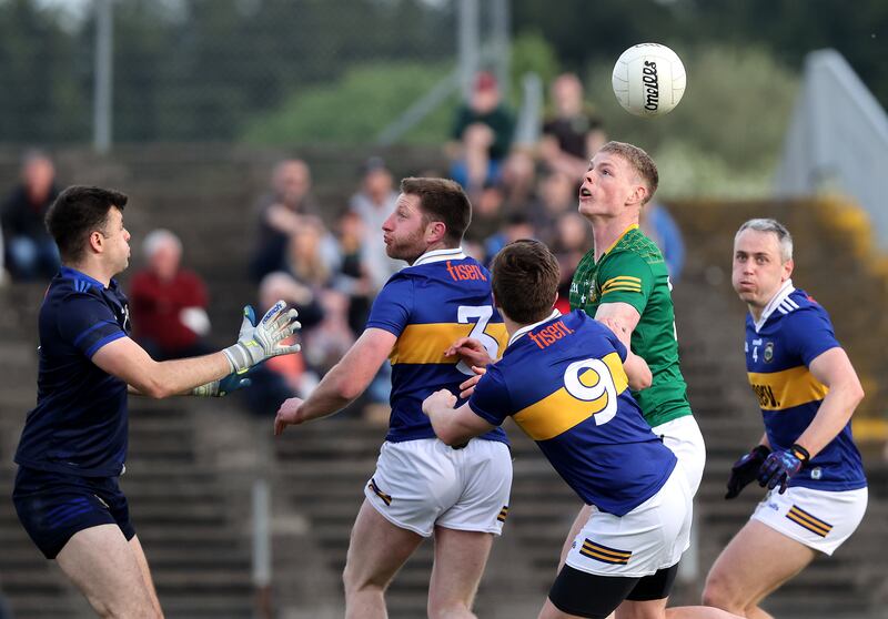 The ball gets away from everyone during the Tailteann Cup game between Meath and Tipperary in Navan on Saturday. Photograph: Bryan Keane/Inpho
