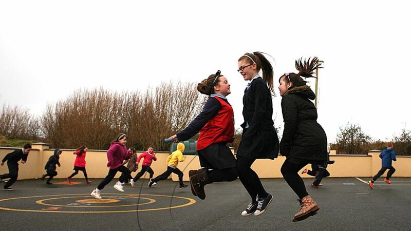 The pupils of Lisacul National School, Castlerea, Co Roscommon, go through their exercise drill in the playground. Photograph: Brian Farrell