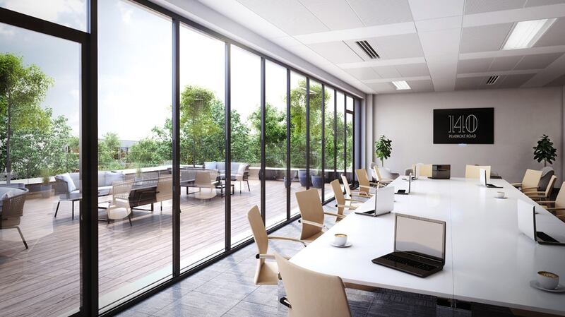 A conference room and balcony at 140 Pembroke Road in Ballsbridge, a six-storey office block