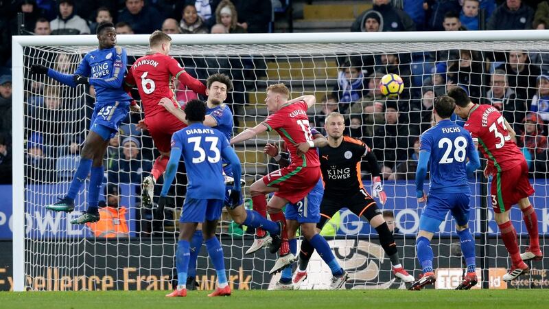 Federico Fernandez  scores Swansea City’s equaliser in the Premier League game against  Leicester City  at The King Power Stadium. Photograph: Henry Browne/Getty Images