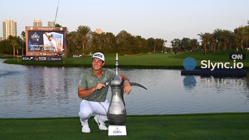 Viktor Hovland won in Dubai after a play-off. Photograph: Ross Kinnaird/Getty