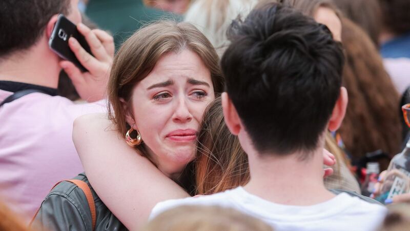 Yes Campaigners during the Abortion referendum count at Dublin Castle. Photograph:  Gareth Chaney, Collins