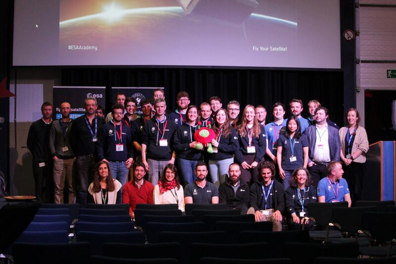 The EIRSAT-1 team with a number of European Space Agency representatives that supported the project. Photograph: European Space Agency