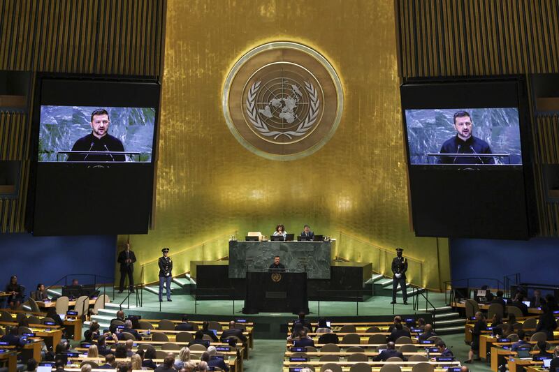 Ukrainian president Volodymyr Zelenskiy addresses the United Nations General Assembly in New York on Wednesday. Photograph: Sarah Yenesel/EPA