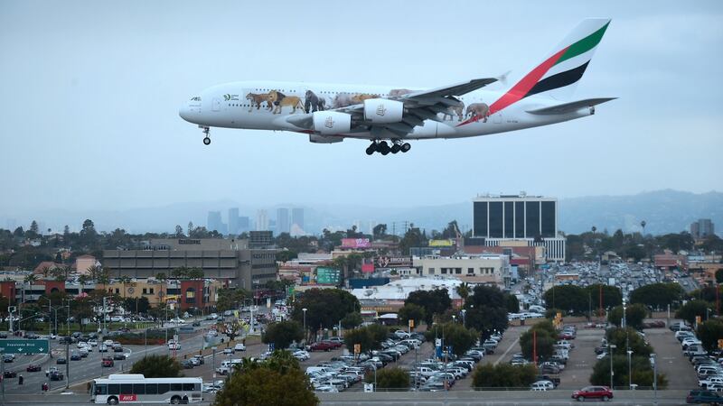 An Emrirates Airlines flight  comes in for to land at Los Angeles International Airport on March 21st, 2017. The UAE is among a number of countries affected by a US measure to ban certain electronic devices from airplane cabins. Photograph: Frederic J. Brown/AFP/Getty Images.
