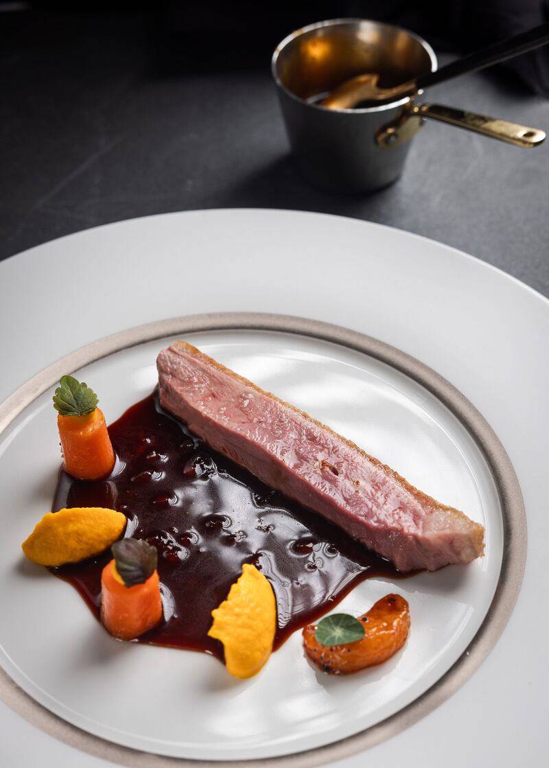 Chef Victor Erisay’s winning main dish: whole roasted Skeaghanore duck, carrot & bergamot purée, glacé heritage carrots, clementine, sauce à l'orange