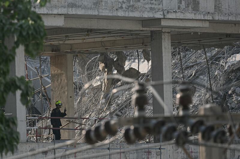 Myanmar and Thailand earthquake: Debris at a construction site after a building collapsed in Bangkok. Photograph: Lillian Suwanrumpha/AFP