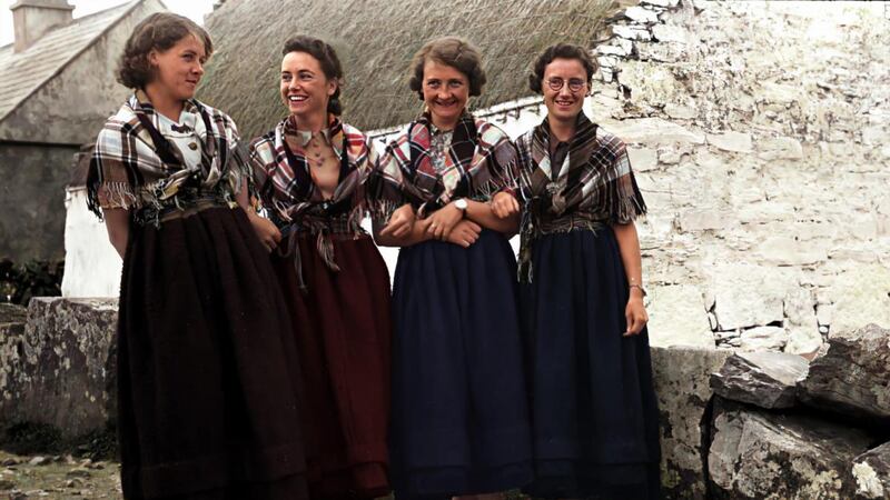Four visiting girls, some from Dublin, in traditional dress on Inis Meáin, the Aran Islands, Co Galway