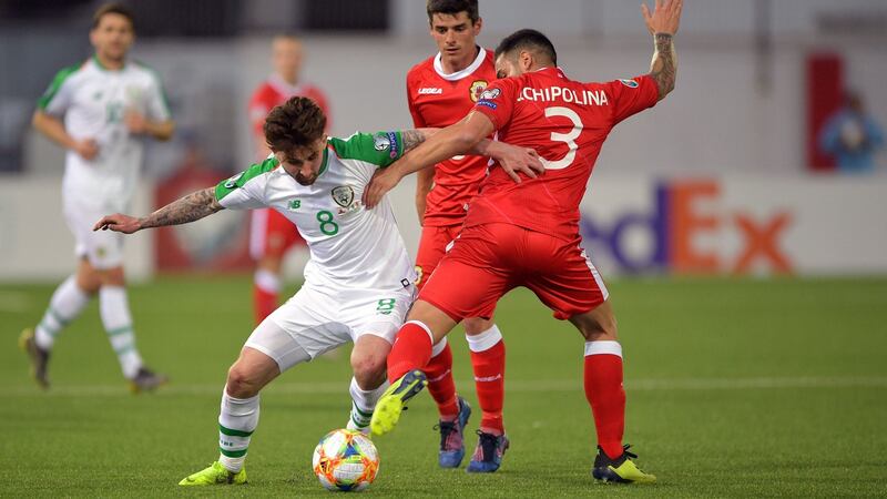 Sean Maguire in action against Gibraltar. Photograph: Simon Galloway/PA Wire.