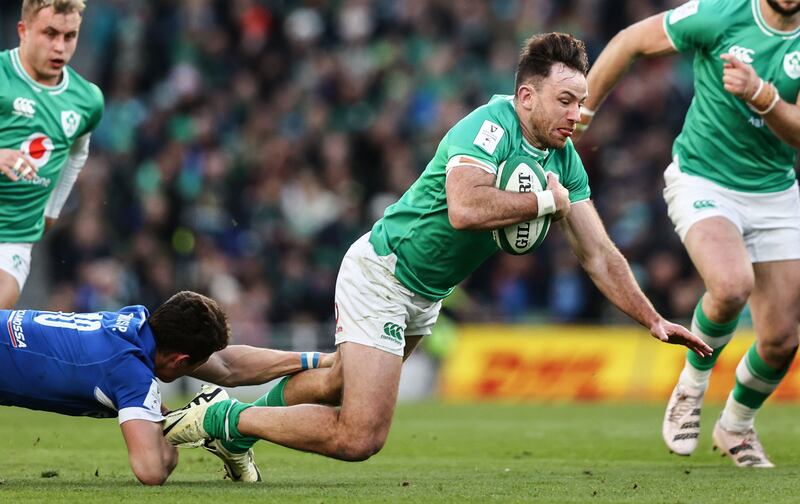 Hugo Keenan tackled by Paolo Garbisi during Ireland vs Italy in the Aviva Stadium. Photograph: Ben Brady/Inpho
