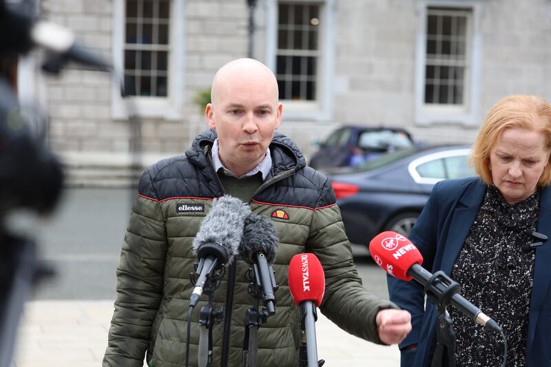 People Before Profit-Solidarity TD Paul Murphy speaking to the media on the plinth at Leinster House on Tuesday. Photograph: Stephen Collins/Collins Photos